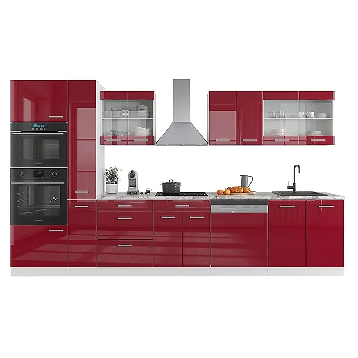 Vicco Küchenzeile R-Line Rot Hochglanz/Weiß mit Hochschrank, AP Anthrazit - Breite: 350 cm, Rot Hochglanz, Ohne Elektrogeräte - Moderne rote Hochglanzküche mit integrierten Öfen, Kochfeld, Spüle, Geschirrspüler und Dunstabzugshaube, mit Marmor-Arbeitsplatte.
