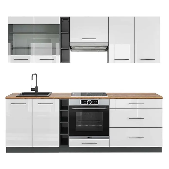 Vicco Küchenzeile Fame-Line Weiß Hochglanz/Anthrazit, AP Eiche - Breite: 235 cm, Weiß Hochglanz, Ohne Elektrogeräte - Weiße Hochglanzküche mit Holz-Arbeitsplatte. Enthält Backofen, Kochfeld, Spüle, Dunstabzugshaube und dunkle Akzente.