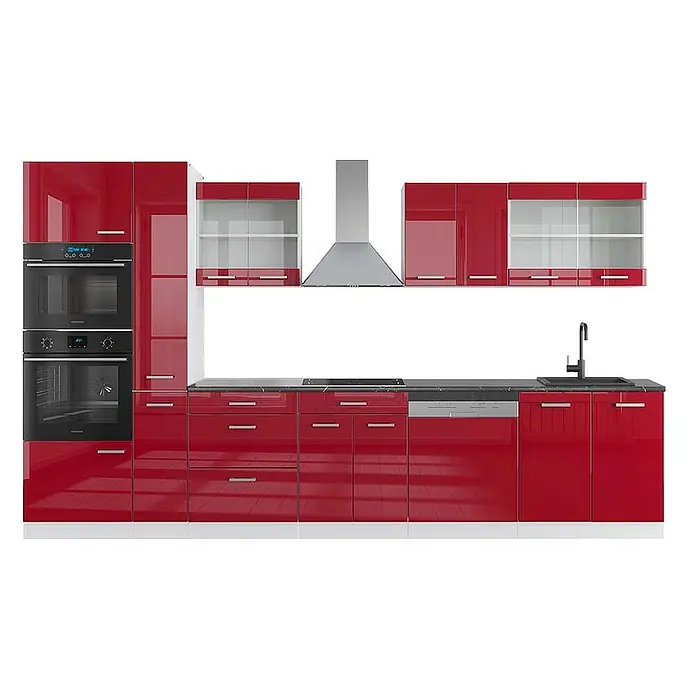 Vicco Küchenzeile R-Line Rot Hochglanz/Weiß mit Hochschrank, AP Anthrazit - Breite: 350 cm, Rot Hochglanz, Ohne Elektrogeräte - Moderne, hochglänzende rote Küche mit integrierten Öfen, Kochfeld, Spüle und Geschirrspüler, inklusive Hängeschränken mit Glasfront.