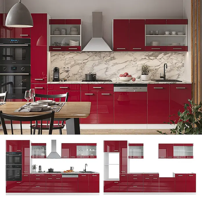 Vicco Küchenzeile R-Line Rot Hochglanz/Weiß mit Hochschrank, AP Anthrazit - Breite: 350 cm, Rot Hochglanz, Ohne Elektrogeräte - Moderne rote Hochglanzküche mit integrierten Geräten, Marmorrückwand und Essbereich.