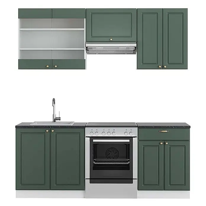 Küchenzeile Fame-Line 200 cm Grün-Gold Landhaus Art.-Nr. 42291 -  - Dunkelgrüne Küchenschränke mit schwarzer Arbeitsplatte, integriertem Backofen, Dunstabzugshaube und Spüle. Oberschränke mit Milchglastüren.