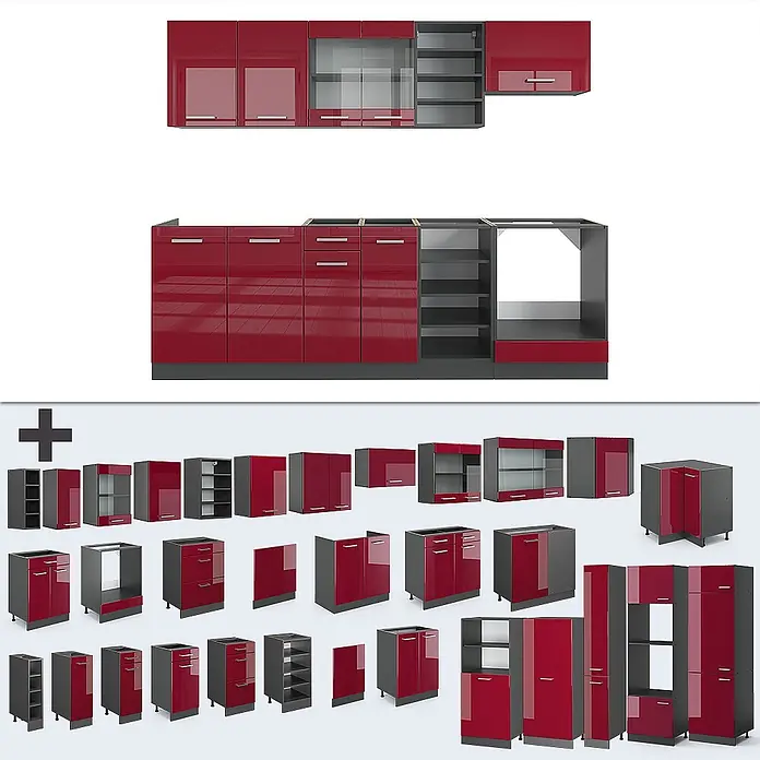 Vicco Küchenzeile R-Line Rot Hochglanz/Anthrazit, AP Eiche - Rot Hochglanz, Ohne Elektrogeräte - Modulares Küchensystem mit hochglänzenden roten Fronten und dunkelgrauen Korpusse. Enthält verschiedene Wand-, Unter- und Hochschränke.