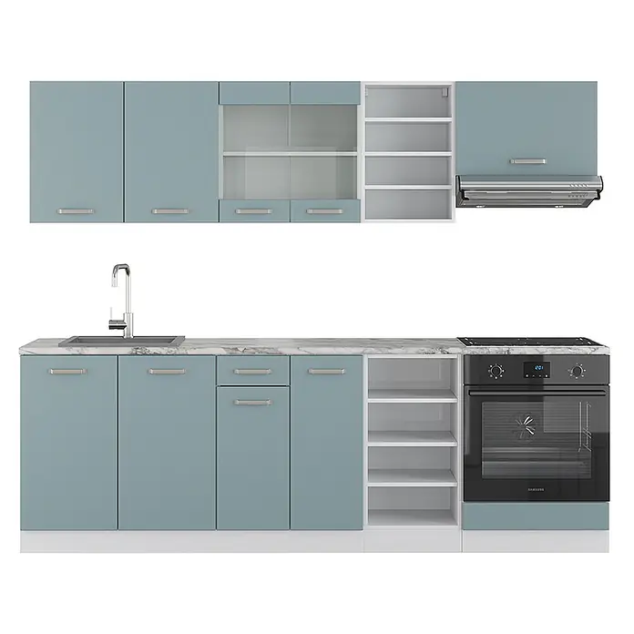 Vicco Küchenzeile R-Line Blau-Grau, AP Marmor - Breite: 240 cm, Blau-Grau, Ohne Elektrogeräte - Moderne hellblaue Küchenschränke mit Marmorarbeitsplatte, Spüle, Backofen, Kochfeld und Dunstabzugshaube, mit offenen Regalen.