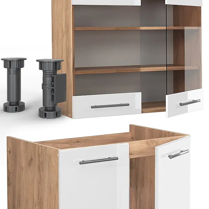 Vicco Küchenzeile Fame-Line Weiß Hochglanz/Goldkraft Eiche, AP Marmor - Weiß Hochglanz, Ohne Elektrogeräte - Holzfurnier- und weißer Schrank mit Glastüren und grauen Griffen, dazu zwei verstellbare dunkelgraue Möbelfüße.
