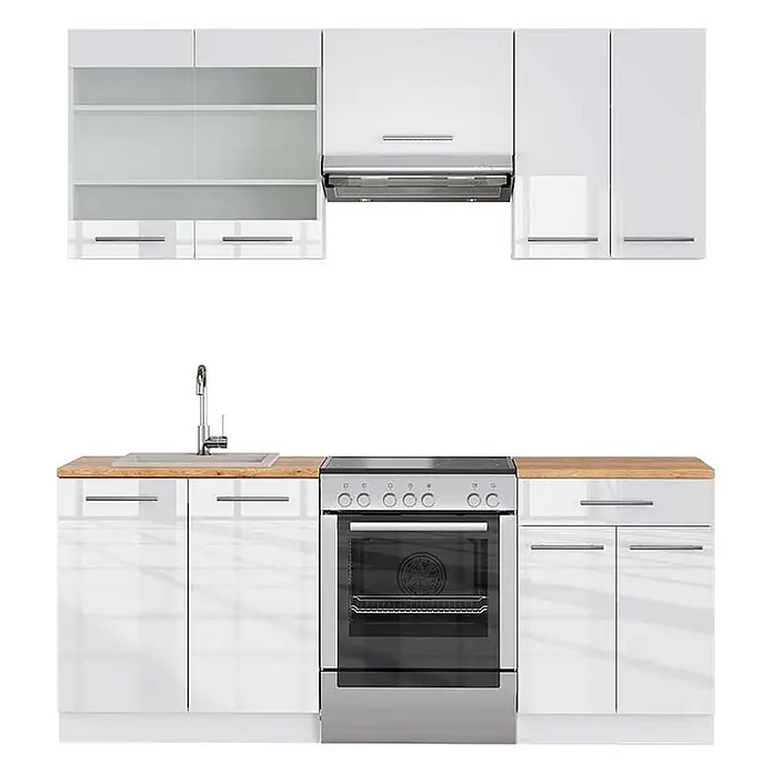 Vicco Küchenzeile Fame-Line Weiß Hochglanz/Weiß, AP Eiche - Weiß Hochglanz, Ohne Elektrogeräte - Weiße Hochglanz-Modulküche mit Holztheken, integrierter Spüle, Backofen und Kochfeld.