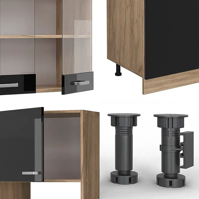 Vicco Küchenzeile R-Line Schwarz Hochglanz Eiche mit Hochschrank, ohne Arbeitsplatte - Breite: 300 cm, Schwarz Hochglanz, Ohne Elektrogeräte - Details eines modernen Schranks: Holzoptikrahmen, schwarze und Glastüren, graue Griffe und verstellbare schwarze Kunststoffmöbelfüße.