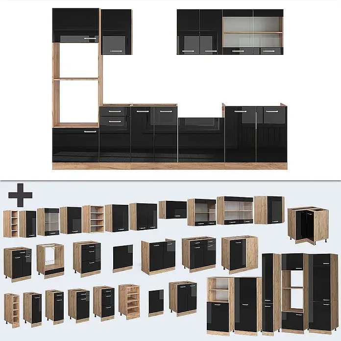Vicco Küchenzeile R-Line Schwarz Hochglanz Eiche mit Hochschrank, ohne Arbeitsplatte - Breite: 300 cm, Schwarz Hochglanz, Ohne Elektrogeräte - Modulare Küchenschrank-Set mit glänzenden schwarzen Fronten und hellen Holz-Akzenten, verschiedene Unter- und Oberschränke.