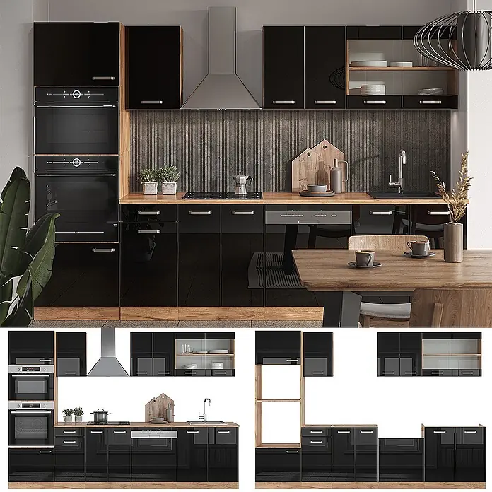 Vicco Küchenzeile R-Line Schwarz Hochglanz Eiche mit Hochschrank, ohne Arbeitsplatte - Breite: 300 cm, Schwarz Hochglanz, Ohne Elektrogeräte - Moderne Küche mit schwarzen Hochglanzschränken, Holzarbeitsplatten und integrierten Geräten.