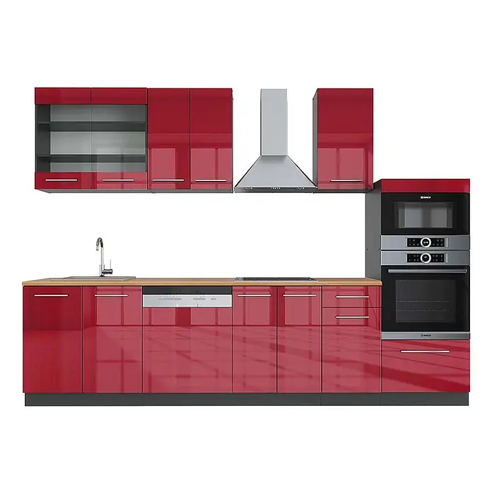 Vicco Küchenzeile Fame-Line Bordeaux Hochglanz/Anthrazit mit Hochschrank, AP Eiche - Breite: 300 cm, Bordeaux Hochglanz, Ohne Elektrogeräte - Hochglanzrote Küche mit integrierten Geräten, inklusive Spüle, Kochfeld, Backofen, Mikrowelle und Dunstabzugshaube.
