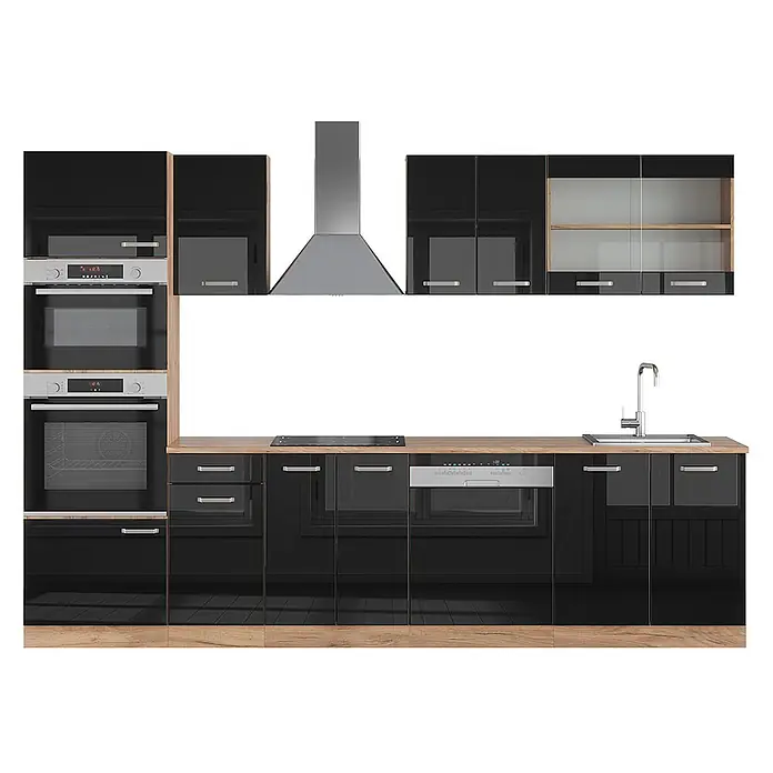 Vicco Küchenzeile R-Line Schwarz Hochglanz Eiche mit Hochschrank, ohne Arbeitsplatte - Breite: 300 cm, Schwarz Hochglanz, Ohne Elektrogeräte - Moderne schwarze Hochglanzküche mit Holzdetails, integrierten Öfen, Kochfeld, Spüle, Spülmaschine und Dunstabzugshaube.