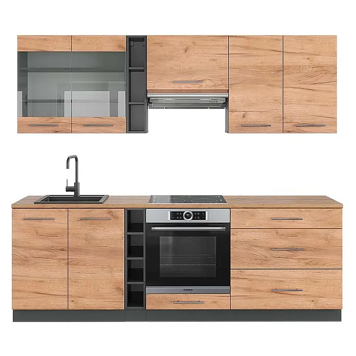 Vicco Küchenzeile Fame-Line Goldkraft Eiche/Anthrazit, AP Eiche - Breite: 235 cm, Goldkraft Eiche, Ohne Elektrogeräte - Küche in Holzoptik mit dunkelgrauen Akzenten, Glasschränken, integriertem Backofen, Kochfeld, Spüle und Dunstabzugshaube.