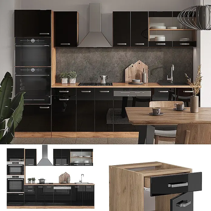 Vicco Küchenzeile R-Line Schwarz Hochglanz Eiche mit Hochschrank, ohne Arbeitsplatte - Breite: 300 cm, Schwarz Hochglanz, Ohne Elektrogeräte - Moderne Küche mit hochglanzschwarzen Schränken, Holz-Arbeitsplatten und integrierten Geräten.