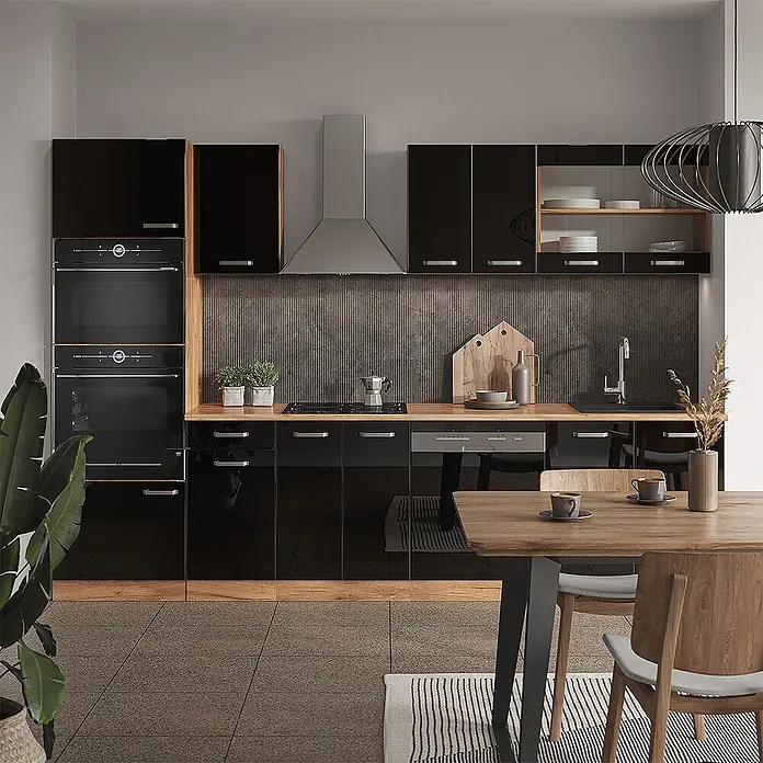 Vicco Küchenzeile R-Line Schwarz Hochglanz Eiche mit Hochschrank, ohne Arbeitsplatte - Breite: 300 cm, Schwarz Hochglanz, Ohne Elektrogeräte - Moderne Küche mit glänzenden schwarzen Schränken, Holz-Arbeitsplatten und integrierten Geräten.