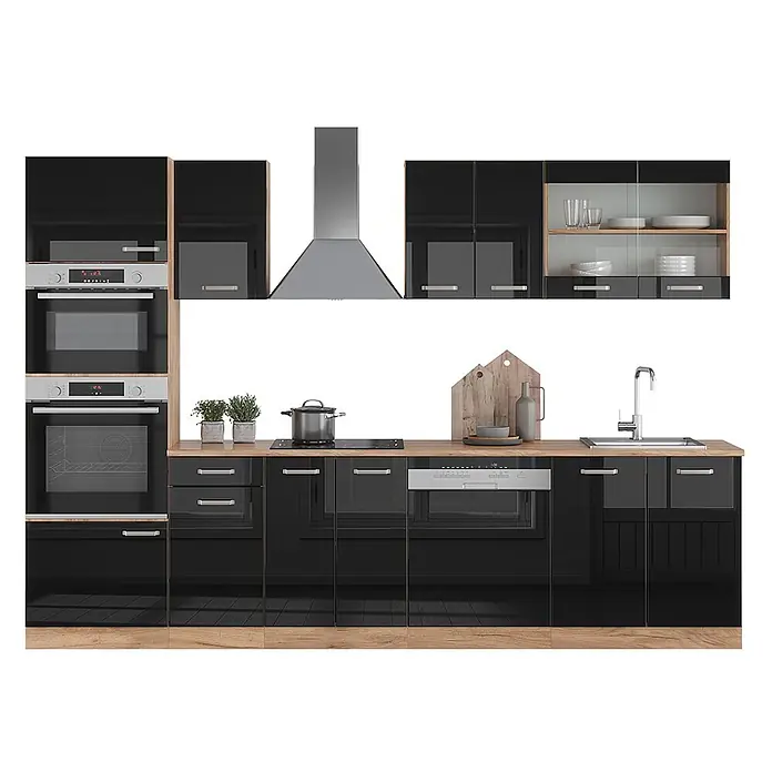 Vicco Küchenzeile R-Line Schwarz Hochglanz Eiche mit Hochschrank, ohne Arbeitsplatte - Breite: 300 cm, Schwarz Hochglanz, Ohne Elektrogeräte - Moderne Küche mit hochglanzschwarzen Schränken, Arbeitsplatten aus Holz, integrierten Öfen, Kochfeld, Spülmaschine und Spüle.