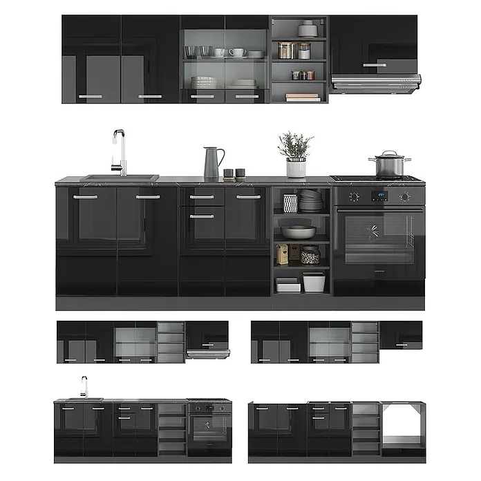 Vicco Küchenzeile R-Line Schwarz Hochglanz/Anthrazit, AP Eiche - Breite: 240 cm, Schwarz Hochglanz, Ohne Elektrogeräte - Glänzende schwarze Modulküche mit dunklen Arbeitsplatten, integrierten Geräten und offenen Regalen.