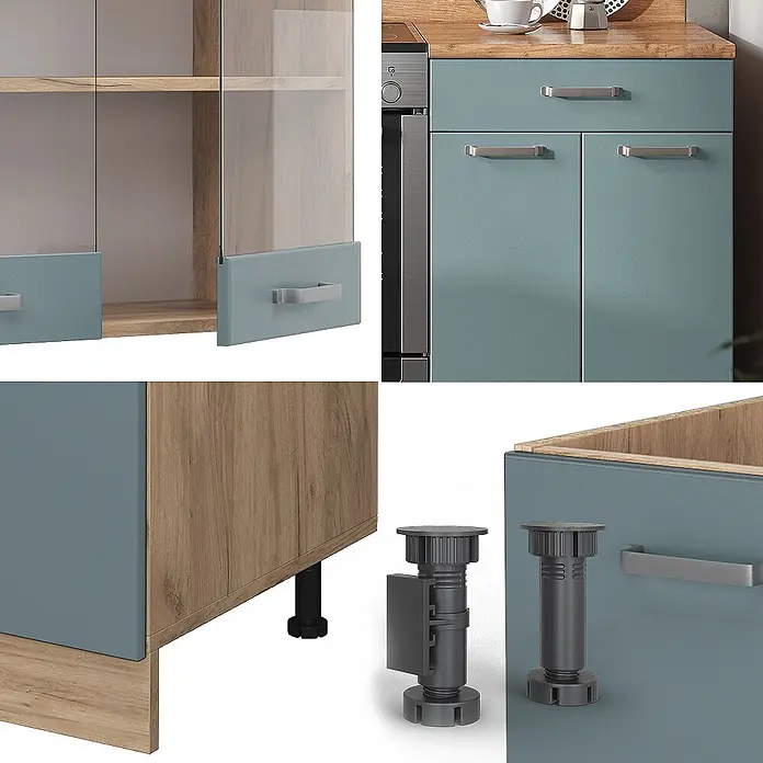 Vicco Küchenzeile R-Line Blau-Grau/Goldkraft Eiche ohne Arbeitsplatte - Blau-Grau, Ohne Elektrogeräte - Blaugraue Küchenschrankdetails: Holzdekor-Korpus, Glastüren, silberne Griffe und verstellbare Füße.