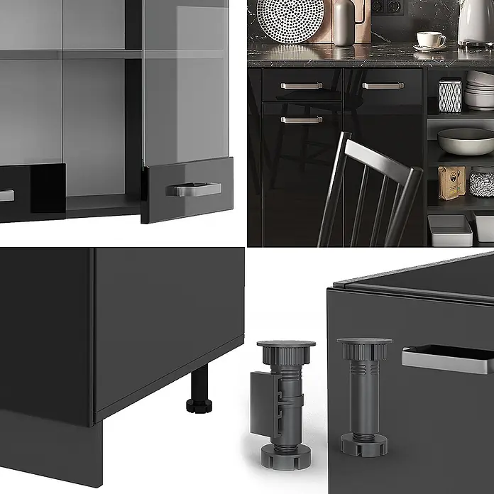 Vicco Küchenzeile R-Line Schwarz Hochglanz/Anthrazit, AP Eiche - Breite: 240 cm, Schwarz Hochglanz, Ohne Elektrogeräte - Detaillierte Ansicht eines schwarzen Küchenschranksystems mit Glaselementen, Schubladen und verstellbaren Nivellierfüßen.