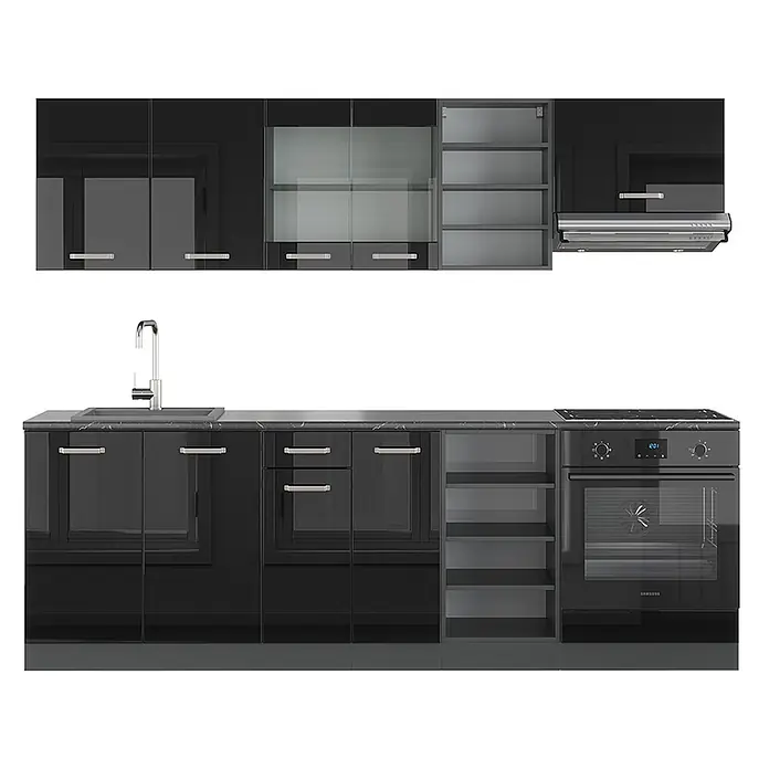 Vicco Küchenzeile R-Line Schwarz Hochglanz/Anthrazit ohne Arbeitsplatte - Breite: 240 cm, Schwarz Hochglanz, Ohne Elektrogeräte - Hochglanz-Schwarz-Küchenzeile mit silbernen Griffen, Spüle, Armatur, Kochfeld, Backofen und Dunstabzugshaube.