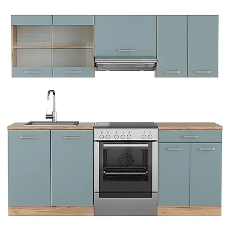 Vicco  Küchenzeile R-Line Blau-Grau/Goldkraft Eiche ohne Arbeitsplatte