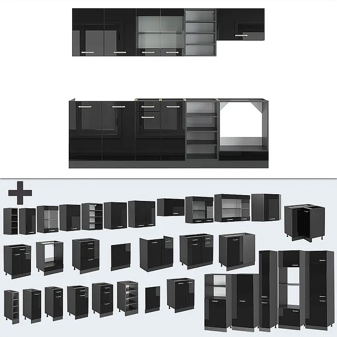 Vicco Küchenzeile R-Line Schwarz Hochglanz/Anthrazit, AP Eiche - Breite: 240 cm, Schwarz Hochglanz, Ohne Elektrogeräte - Glänzende schwarze modulare Küchenschränke: Ober-, Unter- und Hochschränke für eine moderne Küche.