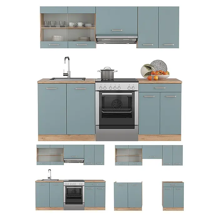 Vicco Küchenzeile R-Line Blau-Grau/Goldkraft Eiche ohne Arbeitsplatte - Blau-Grau, Ohne Elektrogeräte - Modulare Küchenzeile mit blaugrünen Schränken, Holzdetails und silbernen Geräten (Spüle, Backofen, Dunstabzugshaube).