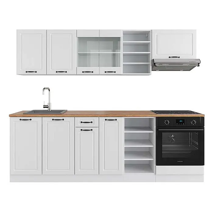 Vicco Küchenzeile R-Line Weiß Landhaus/Weiß, AP Eiche - Breite: 240 cm, Weiß Landhaus, Ohne Elektrogeräte - Komplette weiße Küchenzeile mit heller Holzoptik-Arbeitsplatte, Spüle, Backofen und Kochfeld. Mit schwarzen Griffen.