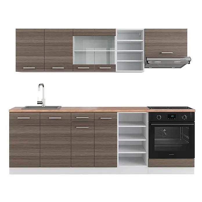 Vicco Küchenzeile R-Line Edelgrau/Weiß, AP Eiche - Breite: 240 cm, Edelgrau, Ohne Elektrogeräte - Modulare Küchenzeile mit dunklen Holzschränken, heller Arbeitsplatte, Spüle, Kochfeld, Backofen und Dunstabzugshaube.