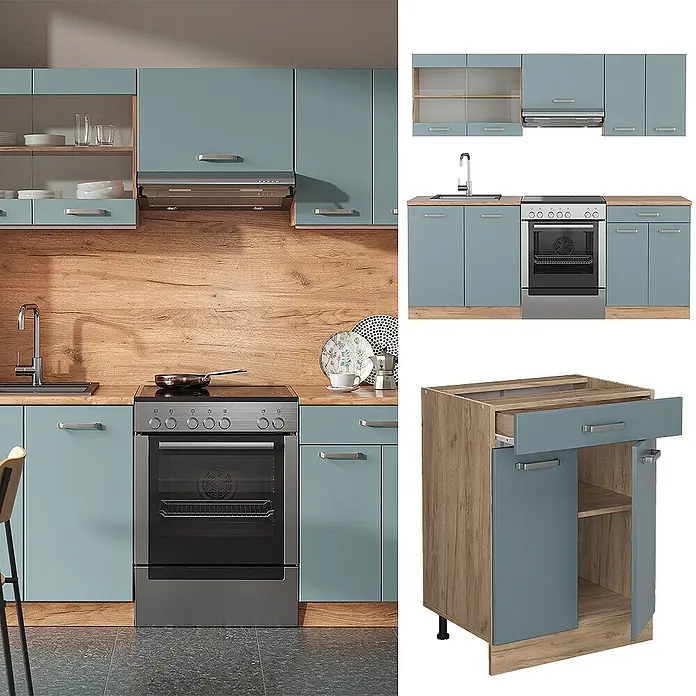 Vicco Küchenzeile R-Line Blau-Grau/Goldkraft Eiche ohne Arbeitsplatte - Blau-Grau, Ohne Elektrogeräte - Moderne blaugraue Modulküche mit Holzoptik-Arbeitsplatten und -Rückwand, installiert und als Einzelmodule gezeigt.