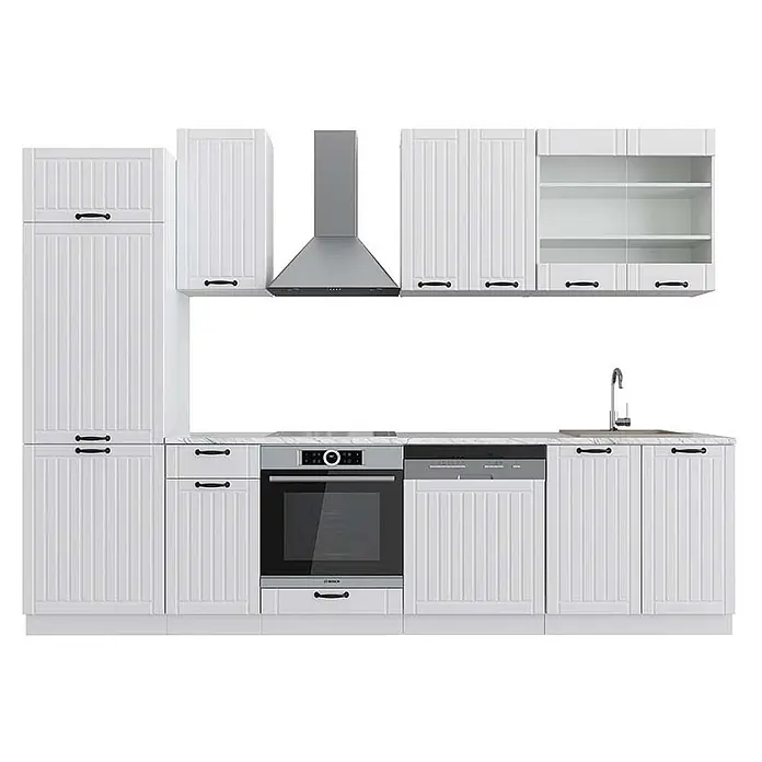 Vicco Küchenzeile Fame-Line Weiß Landhaus/Weiß, AP Marmor - Breite: 300 cm, Weiß Landhaus, Ohne Elektrogeräte - Weiße Küchenmöbel mit geriffelten Schranktüren, integriertem Edelstahl-Backofen, Geschirrspüler, Dunstabzugshaube und heller Arbeitsplatte.