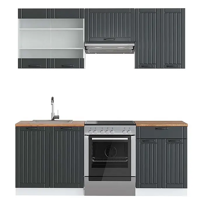 Vicco Küchenzeile Fame-Line Anthrazit Landhaus/Weiß, AP Eiche - Breite: 200 cm, Anthrazit Landhaus, Ohne Elektrogeräte - Dunkelgraue Küchenzeile mit vertikal geriffelten Schränken, hellen Holzplatten, silbernem Backofen, Spüle und Dunstabzugshaube. Einige Oberschränke haben Glasfronten.