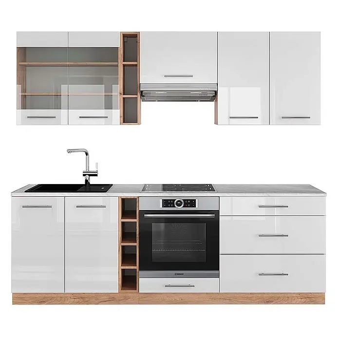 Vicco Küchenzeile Fame-Line Weiß Hochglanz/Goldkraft Eiche, AP Marmor - Breite: 235 cm, Weiß Hochglanz, Ohne Elektrogeräte - Moderne weiße Hochglanzküchenzeile mit integrierten Geräten, offenen Regalen in Holzoptik und heller Arbeitsplatte.