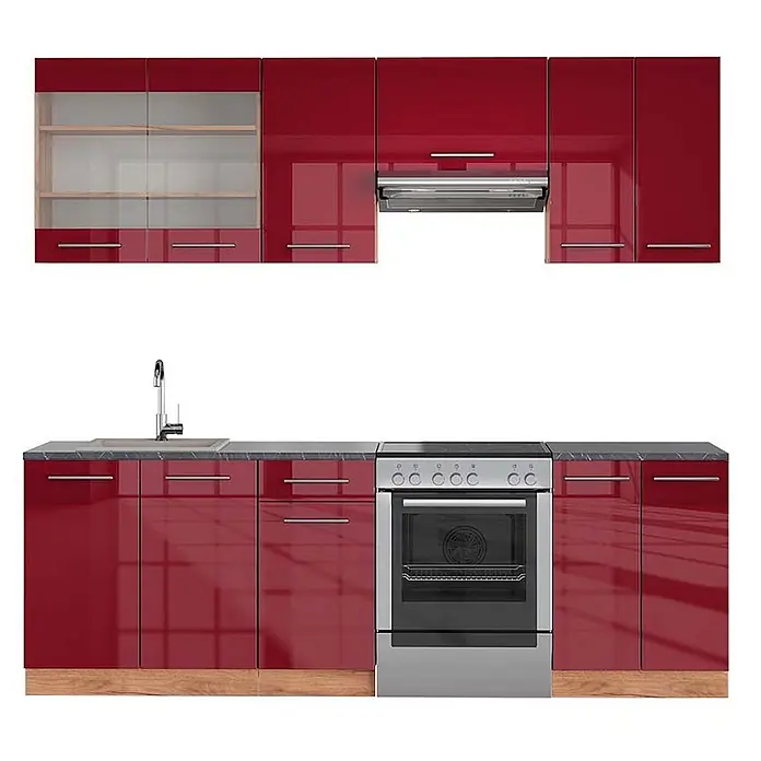 Vicco Küchenzeile Fame-Line, Bordeaux Hochglanz/Goldkraft Eiche, 240 cm -  - Rote Hochglanz-Küchenzeile mit Ober- und Unterschränken, Spüle, Herd und Dunstabzugshaube.