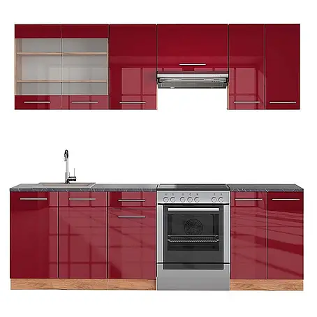 Vicco Küchenzeile Fame-Line, Bordeaux Hochglanz/Goldkraft Eiche, 240 cm