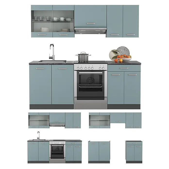 Vicco Küchenzeile R-Line Blau-Grau/Anthrazit, AP Eiche - Breite: 200 cm, Blau-Grau, Ohne Elektrogeräte - Modulare hellblau-grüne Küchenzeile mit silbernen Griffen, dunklen Arbeitsplatten, Spüle, Ofen, Ober- und Unterschränken.