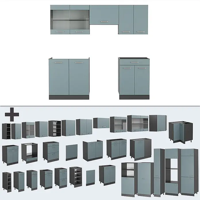 Vicco Küchenzeile R-Line Blau-Grau/Anthrazit, AP Eiche - Breite: 200 cm, Blau-Grau, Ohne Elektrogeräte - Modulares Küchenschrank-Set mit hellblau-grauen Fronten und dunkelgrauen Korpen, zeigt verschiedene Ober-, Unter- und Hochschränke.