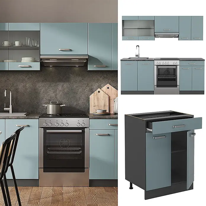 Vicco Küchenzeile R-Line Blau-Grau/Anthrazit, AP Eiche - Breite: 200 cm, Blau-Grau, Ohne Elektrogeräte - Modulküche mit hellblauen Schrankfronten und dunkelgrauen Rahmen/Arbeitsplatte, inklusive integriertem Backofen, Kochfeld und Spüle.