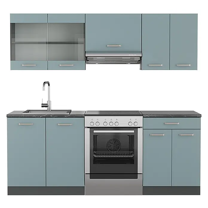 Vicco Küchenzeile R-Line Blau-Grau/Anthrazit ohne Arbeitsplatte - Breite: 200 cm, Blau-Grau, Ohne Elektrogeräte - Modulare Küchenzeile mit hellblauen Schränken, dunkler Arbeitsplatte, Edelstahlspüle, Armatur, Dunstabzugshaube und Backofen.