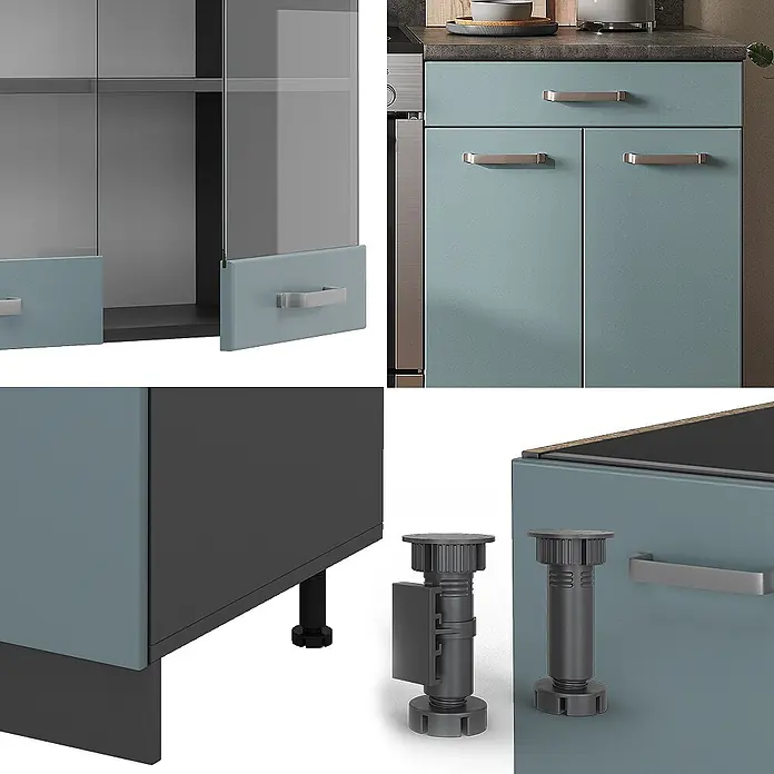 Vicco Küchenzeile R-Line Blau-Grau/Anthrazit, AP Eiche - Breite: 200 cm, Blau-Grau, Ohne Elektrogeräte - Türkise Küchenschränke mit silbernen Griffen, Glastüren und verstellbaren Füßen.