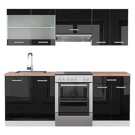 Vicco  Küchenzeile R-Line Schwarz Hochglanz/Weiß, AP Eiche
