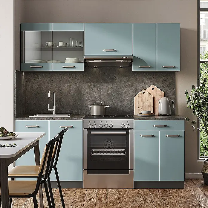 Vicco Küchenzeile R-Line Blau-Grau/Anthrazit, AP Eiche - Breite: 200 cm, Blau-Grau, Ohne Elektrogeräte - Moderne Küche mit blauen Unter- und Oberschränken, einem Edelstahlherd und einer Spüle.