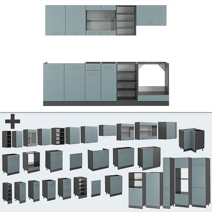 Vicco Küchenzeile R-Line Blau-Grau/Anthrazit, AP Anthrazit - Blau-Grau, Ohne Elektrogeräte - Modulare hellblau-graue Küchenschränke mit dunkelgrauen Details, verschiedene Wand- und Unterschränke für individuelle Küchengestaltung.