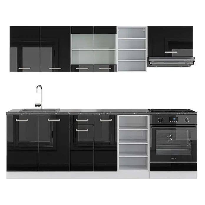 Vicco Küchenzeile R-Line Schwarz Hochglanz/Weiß, AP Anthrazit - Breite: 240 cm, Schwarz Hochglanz, Ohne Elektrogeräte - Moderne schwarze Hochglanzküche mit Spüle, integriertem Backofen, Kochfeld und Oberschränken.