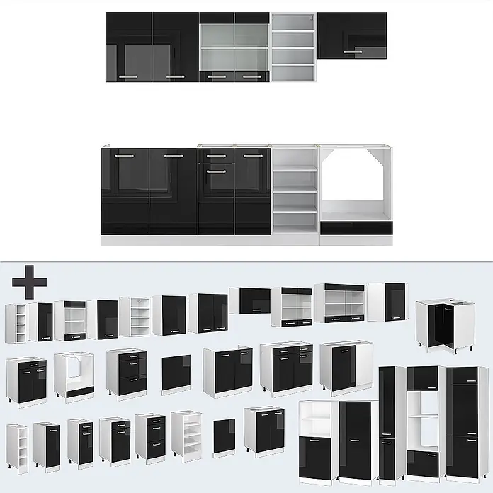 Vicco Küchenzeile R-Line Schwarz Hochglanz/Weiß, AP Anthrazit - Schwarz Hochglanz, Ohne Elektrogeräte - Modulare schwarz-weiße Küchenschränke mit glänzenden Fronten und verschiedenen Konfigurationen.