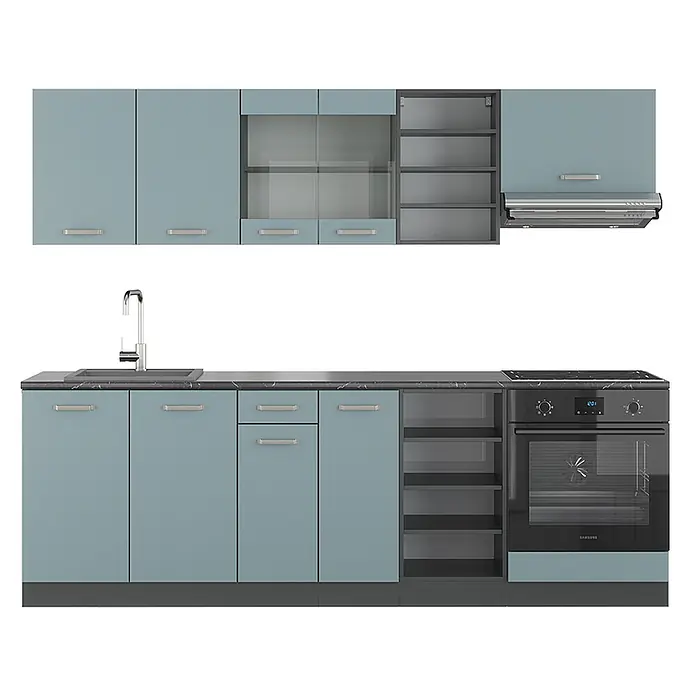Vicco Küchenzeile R-Line Blau-Grau/Anthrazit, AP Anthrazit - Breite: 240 cm, Blau-Grau, Ohne Elektrogeräte - Helleblaue Modulküche mit dunkler Arbeitsplatte, Spüle, Backofen, Kochfeld und silbernen Griffen. Mit Ober- und teilweise Glas-Schränken, Dunstabzugshaube.