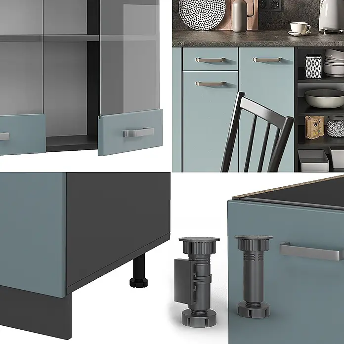Vicco Küchenzeile R-Line Blau-Grau/Anthrazit, AP Anthrazit - Blau-Grau, Ohne Elektrogeräte - Blau-graue Küchenschränke mit silbernen Griffen, Glastüren und verstellbaren schwarzen Füßen.