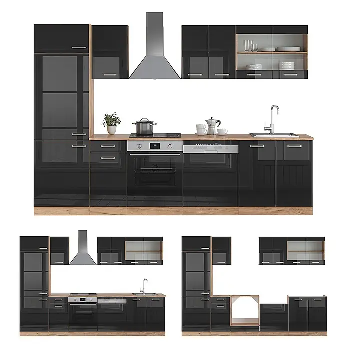 Vicco Küchenzeile R-Line Schwarz Hochglanz/Goldkraft Eiche, AP Eiche - Breite: 300 cm, Schwarz Hochglanz, Ohne Elektrogeräte - Modulare Küchenzeile mit hochglanzschwarzen Fronten und heller Holzoptik, in verschiedenen Konfigurationen.