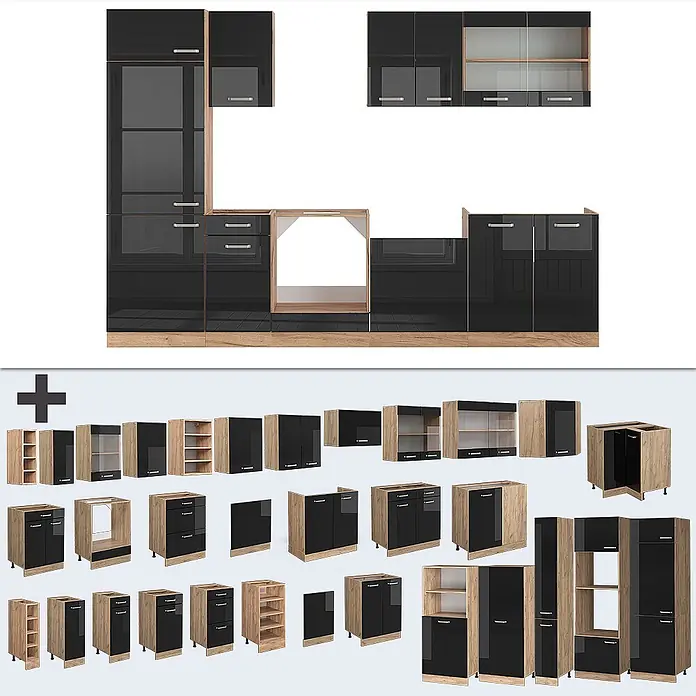 Vicco Küchenzeile R-Line Schwarz Hochglanz/Goldkraft Eiche, AP Eiche - Breite: 300 cm, Schwarz Hochglanz, Ohne Elektrogeräte - Modulküchenschränke: schwarze Hochglanzfronten, helle Eiche-Dekor Korpusse.