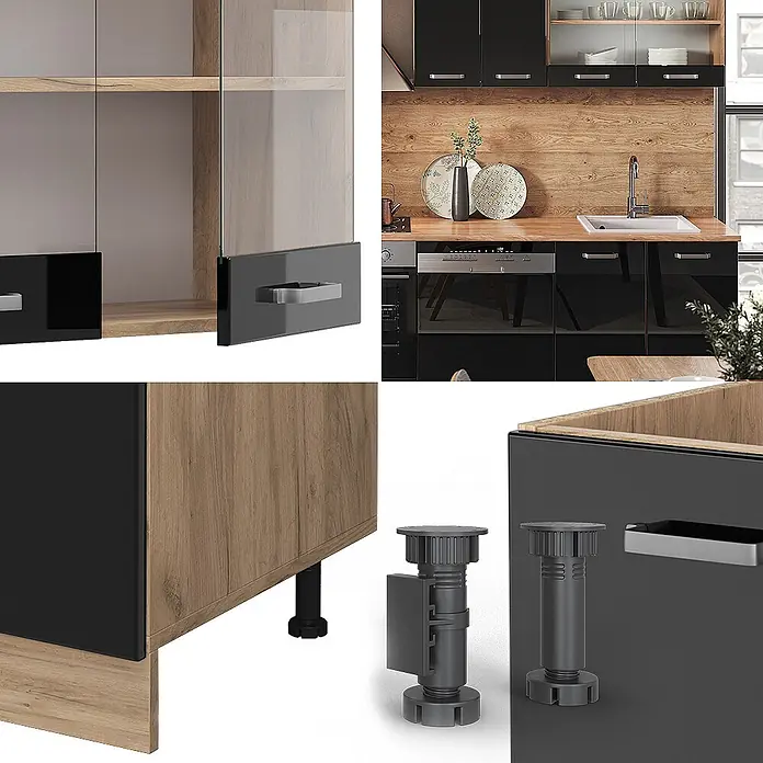 Vicco Küchenzeile R-Line Schwarz Hochglanz/Goldkraft Eiche, AP Eiche - Breite: 300 cm, Schwarz Hochglanz, Ohne Elektrogeräte - Modulares Küchensystem: schwarze und holzfarbene Schränke mit Glastüren, grauen Griffen und schwarzen verstellbaren Füßen.