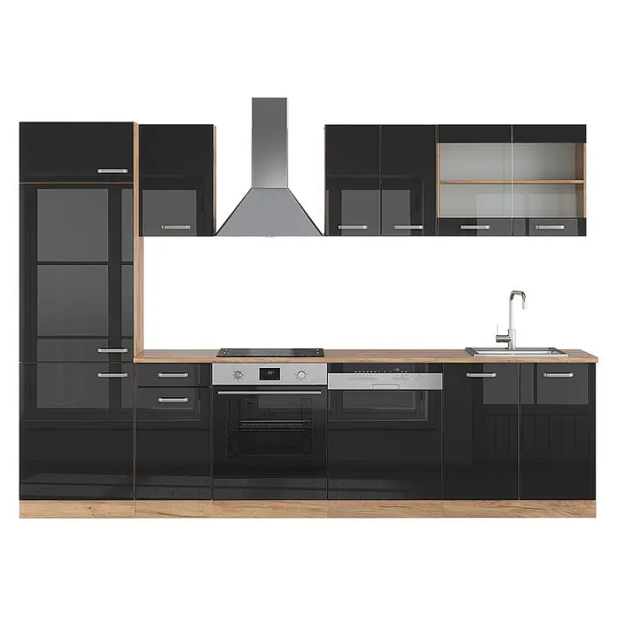 Vicco Küchenzeile R-Line Schwarz Hochglanz/Goldkraft Eiche, AP Eiche - Breite: 300 cm, Schwarz Hochglanz, Ohne Elektrogeräte - Moderne Küchenzeile mit schwarzen Hochglanzfronten, heller Holzoptik-Arbeitsplatte und integrierten Geräten: Backofen, Kochfeld, Spülmaschine, Spüle, Dunstabzugshaube.