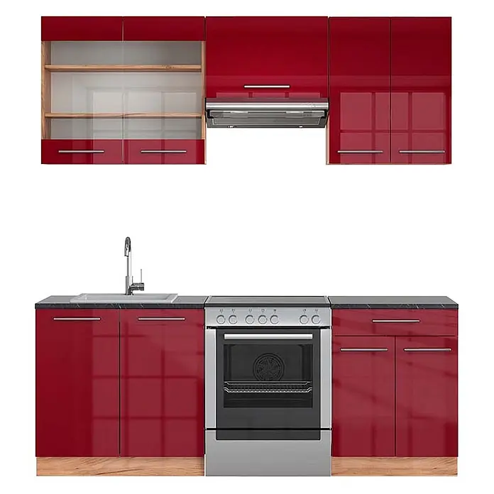 Vicco Küchenzeile Fame-Line Bordeaux Hochglanz/Goldkraft Eiche, AP Anthrazit - Breite: 200 cm, Bordeaux Hochglanz, Ohne Elektrogeräte - Rote glänzende Küchenzeile mit Ober- und Unterschränken, Spüle, Einbauherd und Dunstabzugshaube.